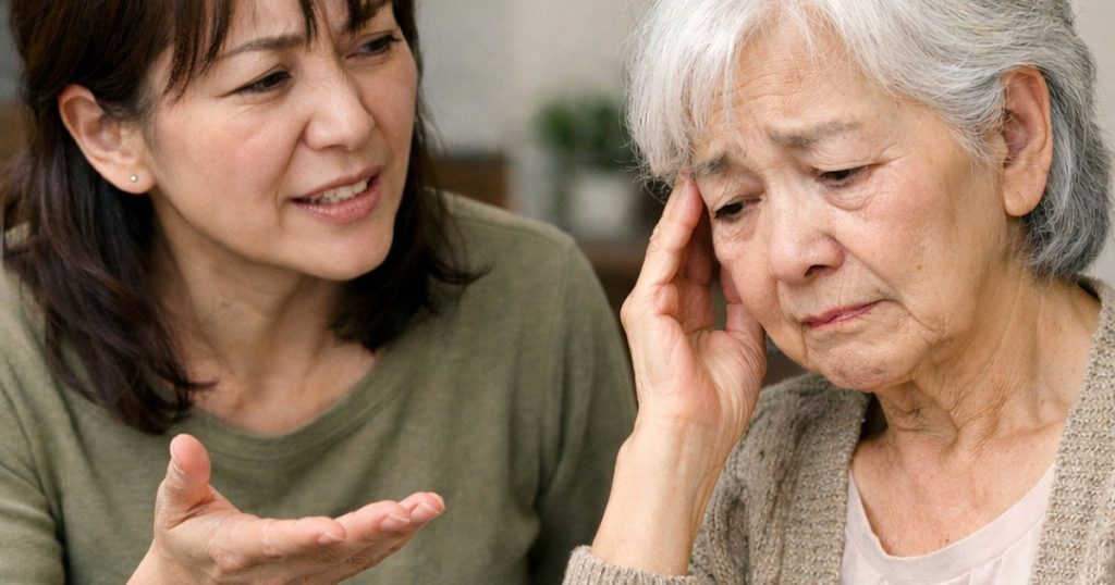 An adult child and an elderly parent struggling to understand each other.